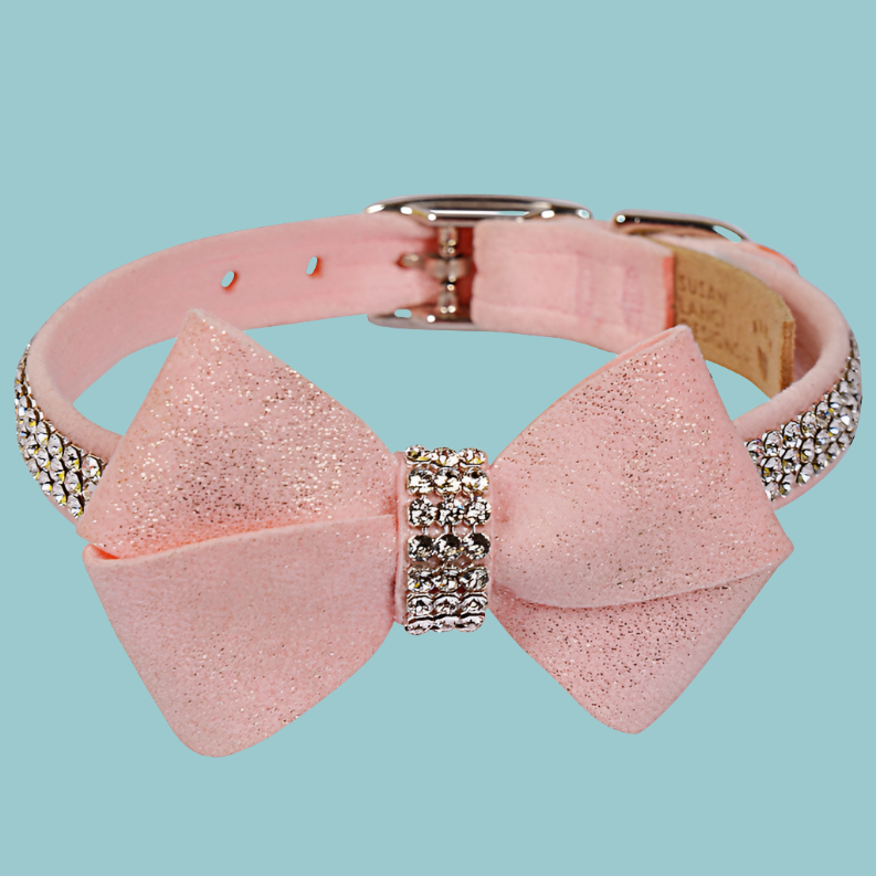 Susan Lanci Designs Puppy Pink Glitzerati Nouveau Bow 3 Row Giltmore Collar